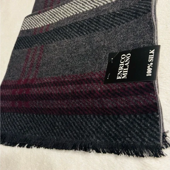 Enrico Milano 100% Silk Gray and Burgundy Scarf NWT - Picture 6 of 10